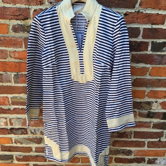 Sail To Sable Gold Navy White Linen Tunic Dress - Picture 2 of 6